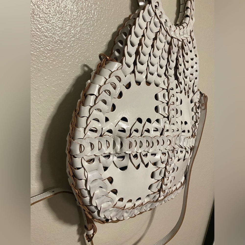Patricia Nash Pisticci White Leather Woven Crossbody Shoulder Bag w/ Dust Bag - Picture 7 of 8